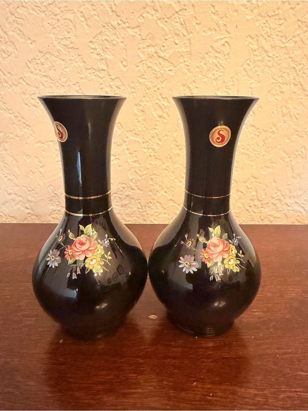 Vintage Black Amethyst Porcelain Bud Vases Floral Design Gold Trim Set Of 2